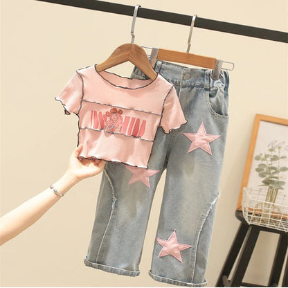 4-12 Years Teenger Girls Clothing Set Autumn Fashion Short Shirt + Letter Jeans 2Pcs Suit For Girl  Children Birthday Present