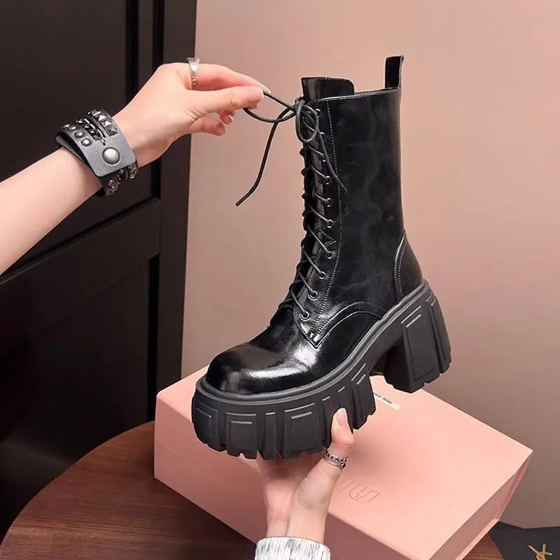 Fashion Platform Mid-calf Boots Black Thick High Heel Punk Short Boots Goth Style Cool Girl Spring Autumn Street Women's Shoes