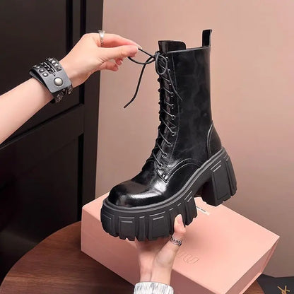 Fashion Platform Mid-calf Boots Black Thick High Heel Punk Short Boots Goth Style Cool Girl Spring Autumn Street Women's Shoes