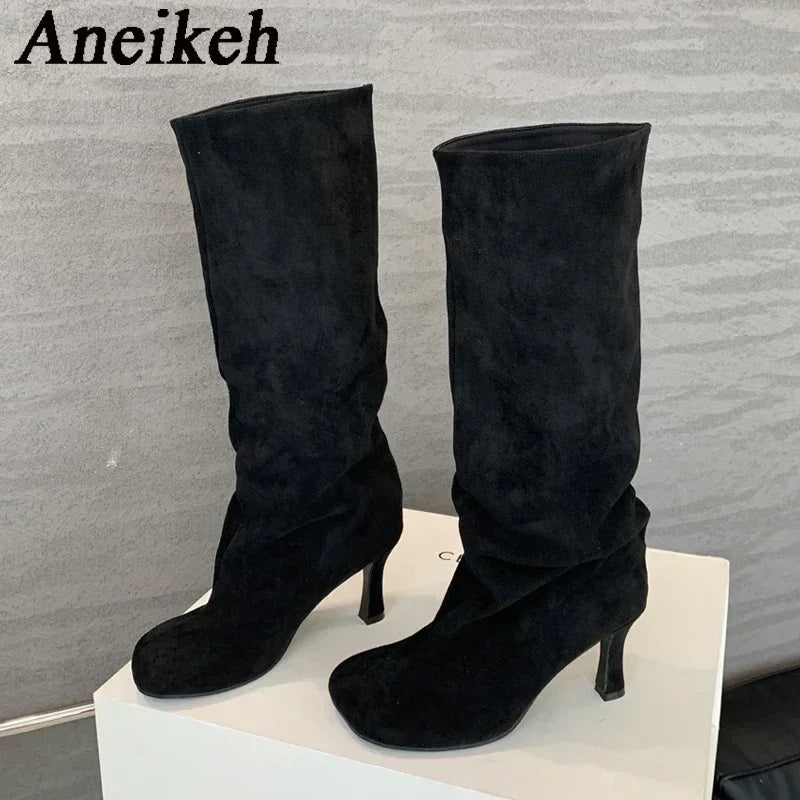 Aneikeh Large Size 41  42 Winter Street Style Round Toe Knee-High Women Boots Punk Thin High Heels Shoes Female Long Booties