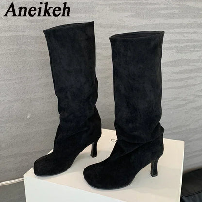 Aneikeh Large Size 41  42 Winter Street Style Round Toe Knee-High Women Boots Punk Thin High Heels Shoes Female Long Booties
