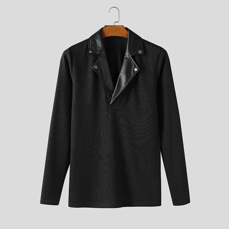 INCERUN Men Pullovers Patchwork Lapel Long Sleeve Knitted Male Sweaters Streetwear Spring Fashion Casual Thin Tops Men S-5XL