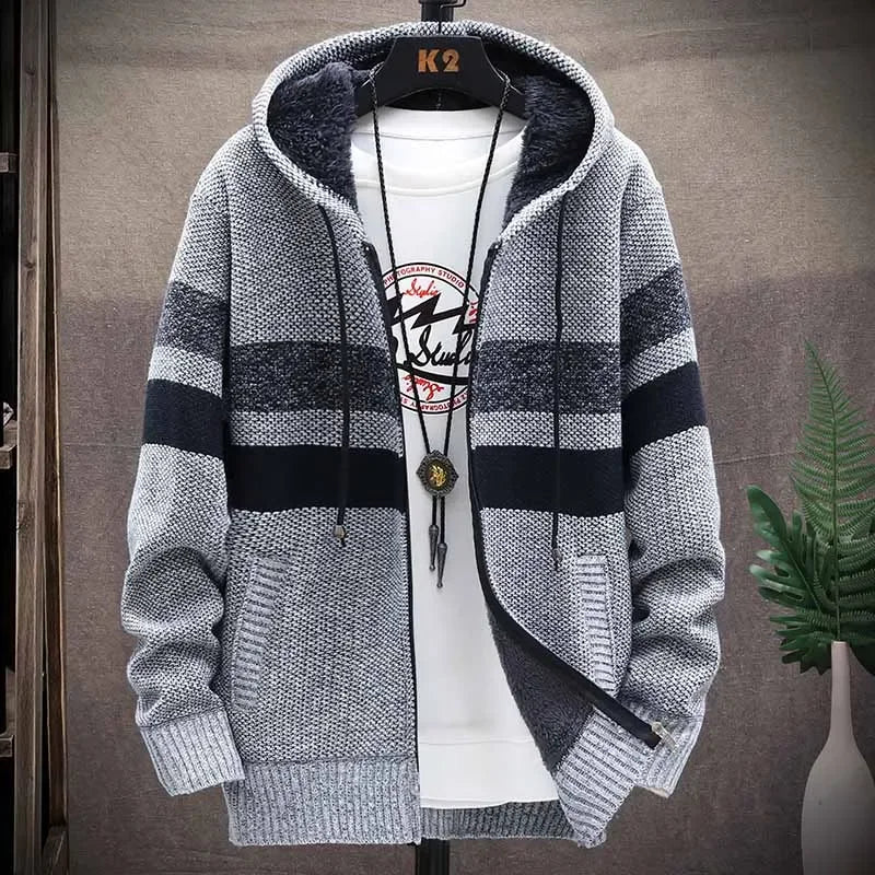 Striped Mens Sweater Coat Thick Fleece Warm Zipper Wool Hooded Cardigan Jumpers Men Long Sleeve Knitted Sweaters Suit Jackets