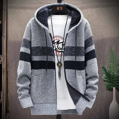 Striped Mens Sweater Coat Thick Fleece Warm Zipper Wool Hooded Cardigan Jumpers Men Long Sleeve Knitted Sweaters Suit Jackets