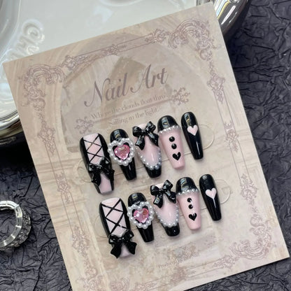 10Pcs Long Ballerina Handmade Press on Nails Pink Black Fake Nails Wearable Stick-on Nails Full Cover False Nail Uñas Postizas