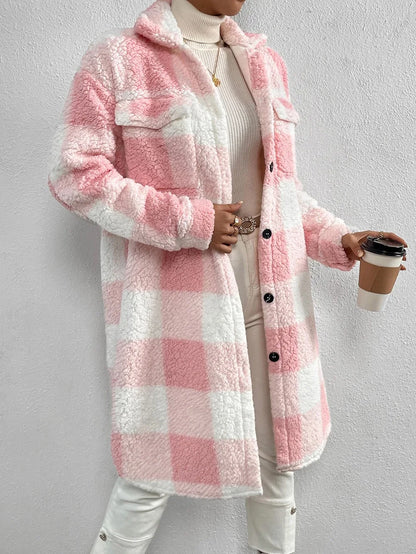 Cardigan 2023 Autumn Long Sleeved Turn-down Collar Plush Plaid Coat Loose Temperament Commuter Longline Jacket Women Outerwear