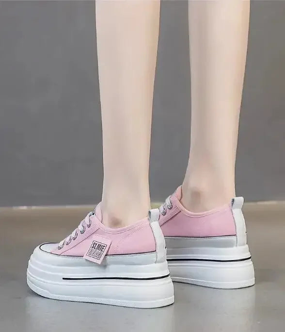 Vulcanized Platform Sneakers Wedge Shoes Non-slip Casual Shoes Women 2025 Autumn Lace-up Comfort Denim Canvas Shoes Thick Sole