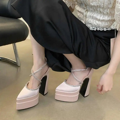 15cm Spring and Summer 2025 New Fashion Platform Thick Heels Hate Sky High Pointed Satin High Heels Show Women's Single Shoes