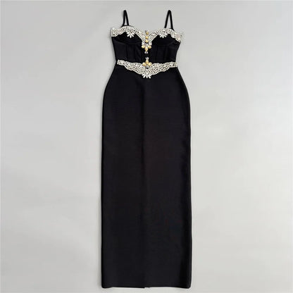 2025 Summer New Women Bandage Dress Sexy Spaghetti Strap Beading Clothes Club Party Maxi Dresses
