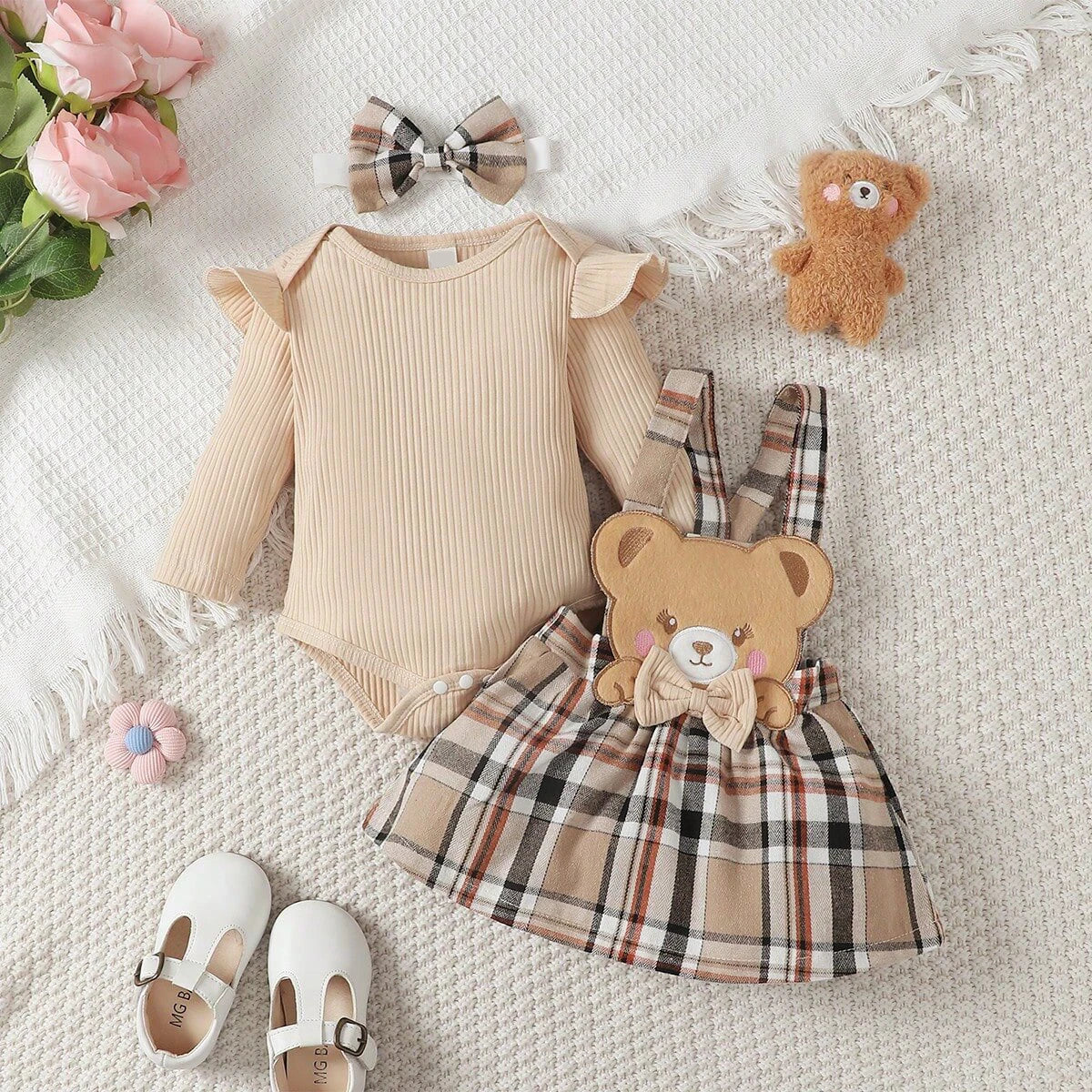 Baby Girl and Child Spring and Autumn Apricot Round Neck Lotus Leaf Edge Little Bear Long Sleeve jumpsuit and Bow Grid Strap Ski