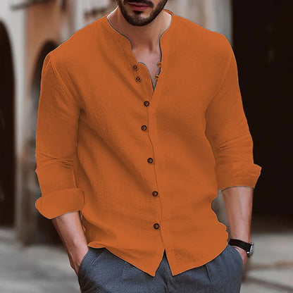 Cotton Linen Men's shirt 2025 Spring and Autumn Retro Solid Color Cotton and linen Casual Loose Long sleeved shirt  Tops US Size