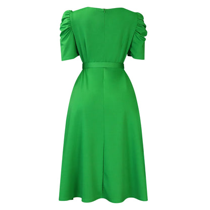 Elegant Party Dresses for Women V Neck Short Sleeve Belt Waisted Pleated Mid Calf Luxury Birthday Dinner Vestidos Mujer Dress OL