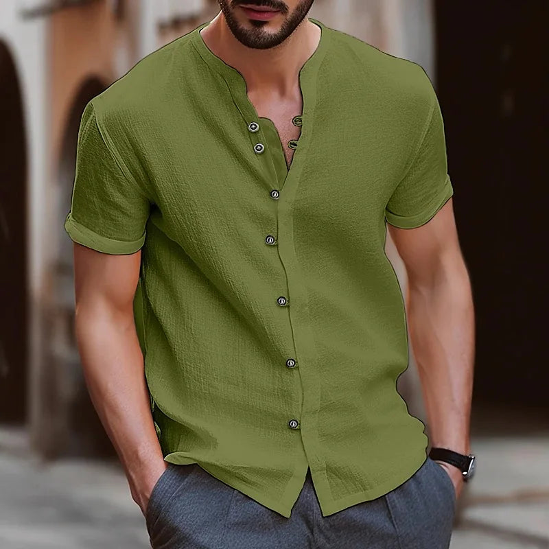 Cotton Linen Men's shirt 2025 Spring and Autumn Retro Solid Color Cotton and linen Casual Loose Long sleeved shirt  Tops US Size