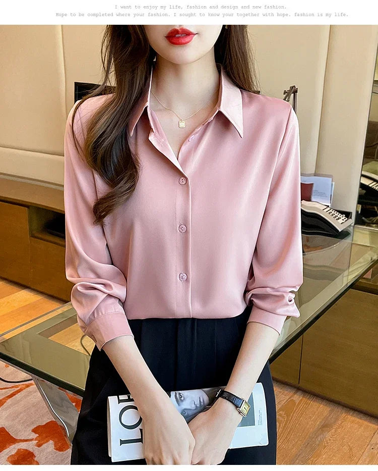Fashion elegant satin shirts solid color ladies shirts causal Women's Blouses Spring Long Sleeve Shirts Tops Blusas Mujer