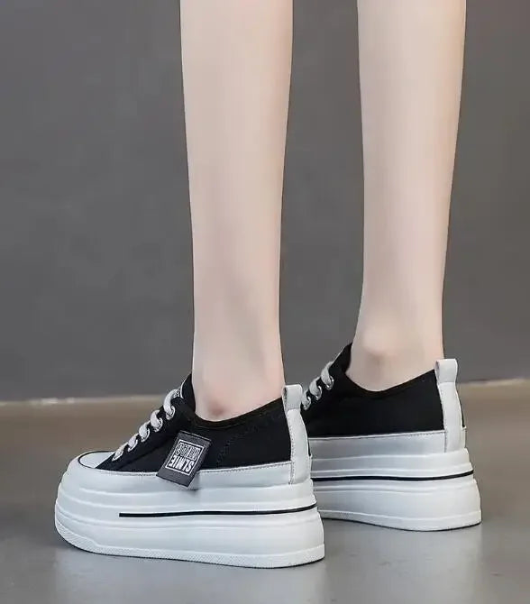 Vulcanized Platform Sneakers Wedge Shoes Non-slip Casual Shoes Women 2025 Autumn Lace-up Comfort Denim Canvas Shoes Thick Sole