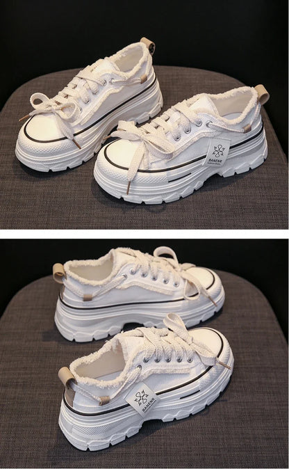 2025 Autumn New Women's Canvas Shoes Round Head Thick Soles Fringed Denim Casual Shoes Increased Height Sports