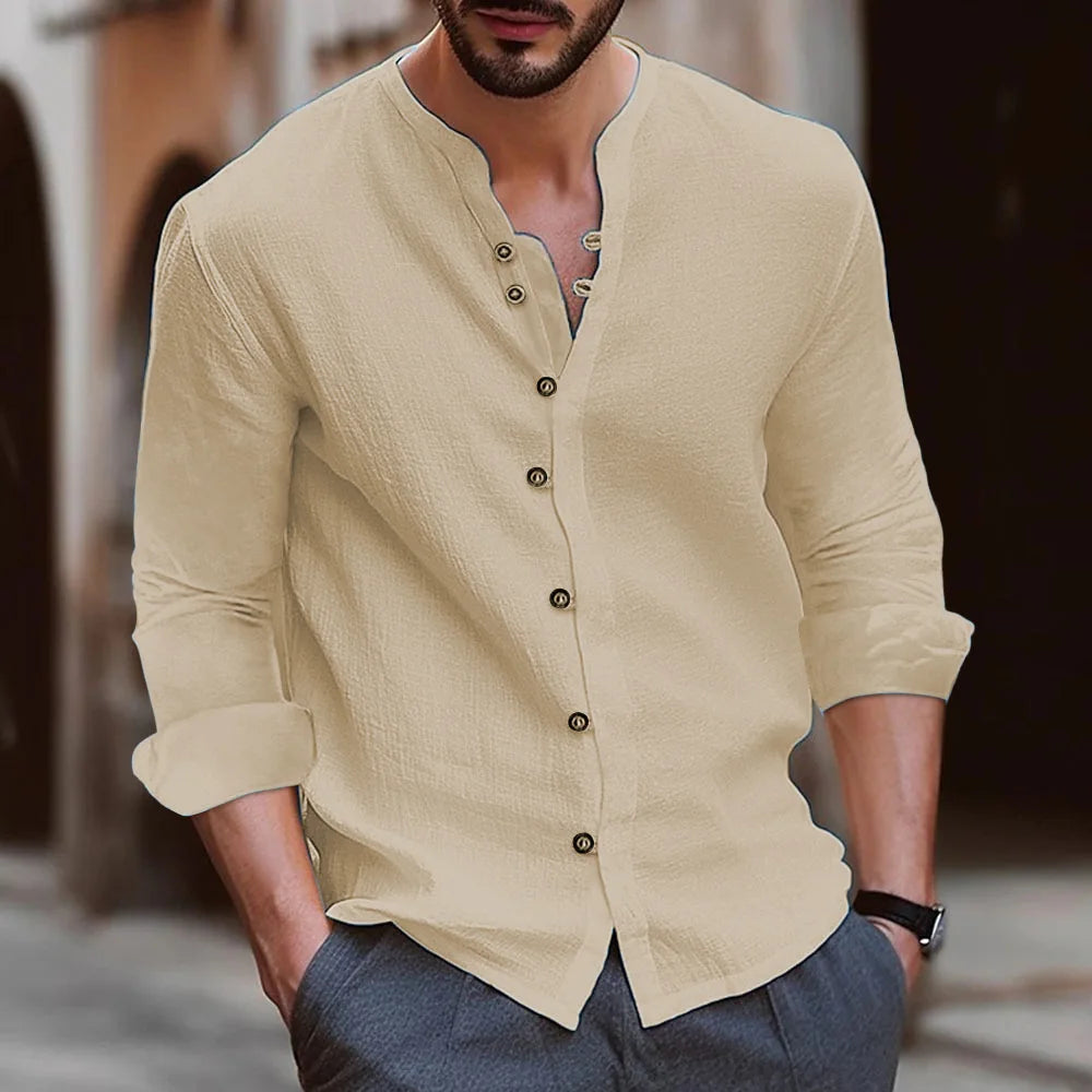 Cotton Linen Men's shirt 2025 Spring and Autumn Retro Solid Color Cotton and linen Casual Loose Long sleeved shirt  Tops US Size