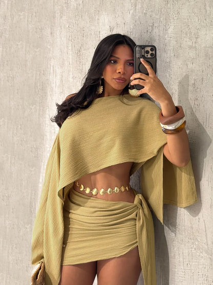Weird Puss Sexy 2 Piece Set Women Skew Collar Loose Crop Tops+Ruched Knot Ribbon Skirt Matching Beach Vacation Party Club Suit