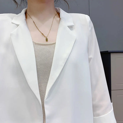 Women Blazer Jacket Cardigan Summer Suit Coat Three Quarter Sleeve Turn Down Collar Office Lady Open Stitch Outerwear 2025