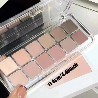 12-color low-saturation earthy pink-purple eyeshadow palette | Matte, pearlescent, and glitter textures | High color payoff