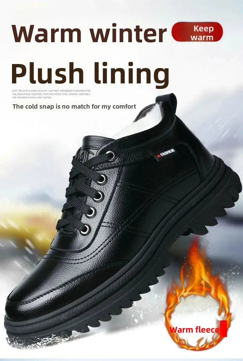 Men's High-Top Cotton Shoes Winter Thickened Fleece Anti-slip Warm Casual Fashion Outdoor Snow Boots Breathable Leather