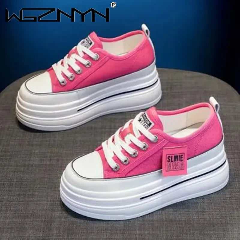Vulcanized Platform Sneakers Wedge Shoes Non-slip Casual Shoes Women 2025 Autumn Lace-up Comfort Denim Canvas Shoes Thick Sole