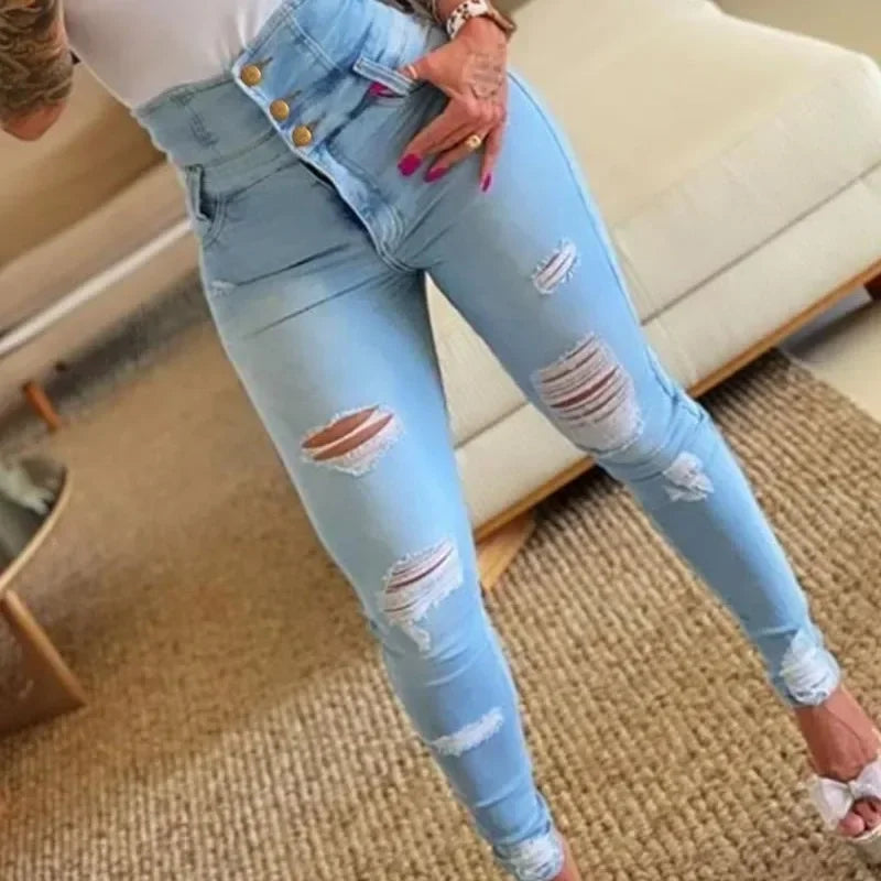 Women Jeans Distressed Denim Pencil Pants Washing Slim Fit Pockets Streetwear Holes Summer Flat Button Fly Slight Strech 2025