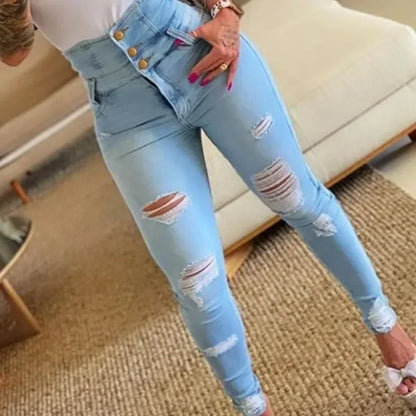 Women Jeans Distressed Denim Pencil Pants Washing Slim Fit Pockets Streetwear Holes Summer Flat Button Fly Slight Strech 2025