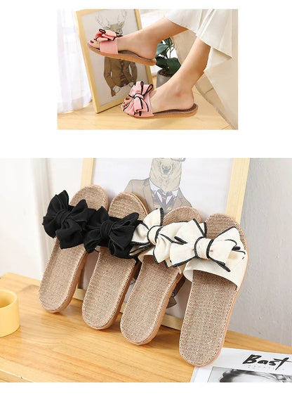 Women Summer Casual Slides Comfortable Flax Slippers Striped Bow Linen Flip Flops Platform Sandals Ladies Indoor Shoes  slippers