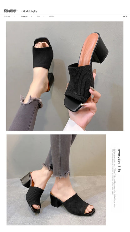 Women Sandals Slippers Luxury Summer Outdoor Casual Women Shoes Open Toe Soft High Heels Slides Black Mules Sandals Size 42