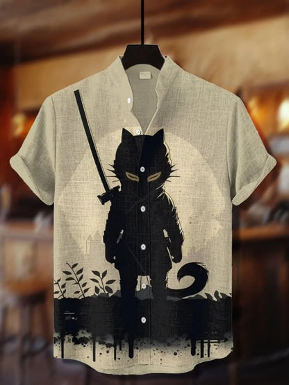 New cartoon cat-themed short-sleeved shirt, summer retro men's art print shirt, casual vacation streetwear