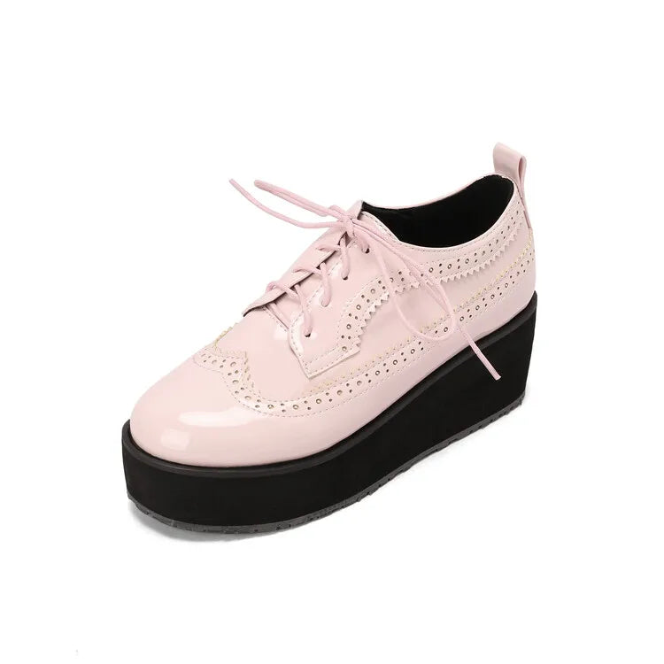 Ochanmeb Big Size 48 Women Patent Leather Brogues High Heels Derby Shoes Platforms Laser Cutout Oxfords Fashion Ladies Pumps Red