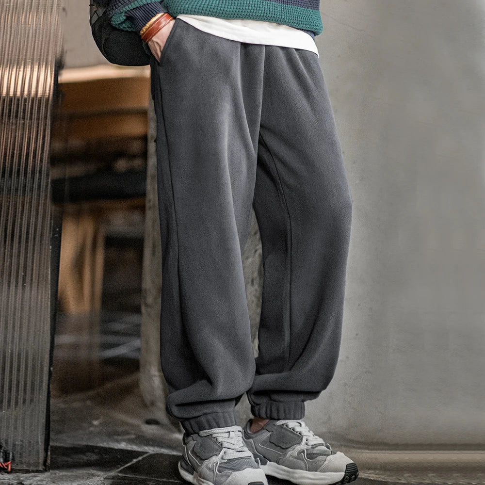 Maden Men's Casual Solid Color Polar Fleece Cuffed Sweatpants Elastic Waist Fleece-lined Pants Warm Sports Straight-leg Trousers