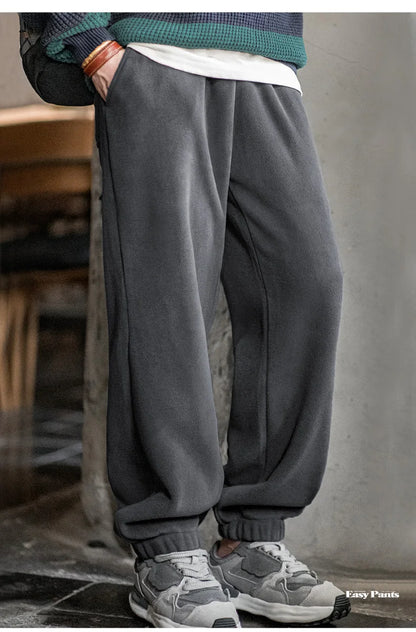 Maden Men's Casual Solid Color Polar Fleece Cuffed Sweatpants Elastic Waist Fleece-lined Pants Warm Sports Straight-leg Trousers