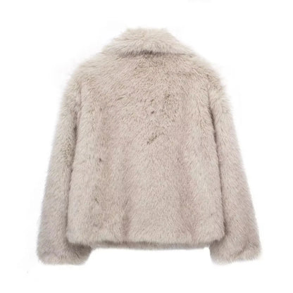 HH Women Fashion Cropped Faux Fur Jacket Coat Long Sleeve Front Snap-button Female Outerwear Chic Lapel Collar Thick Coat