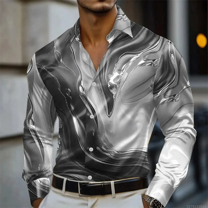 Men's shirt abstract liquid art 3D print shirt, spring and autumn lapel long-sleeved shirt, fashionable casual men's top