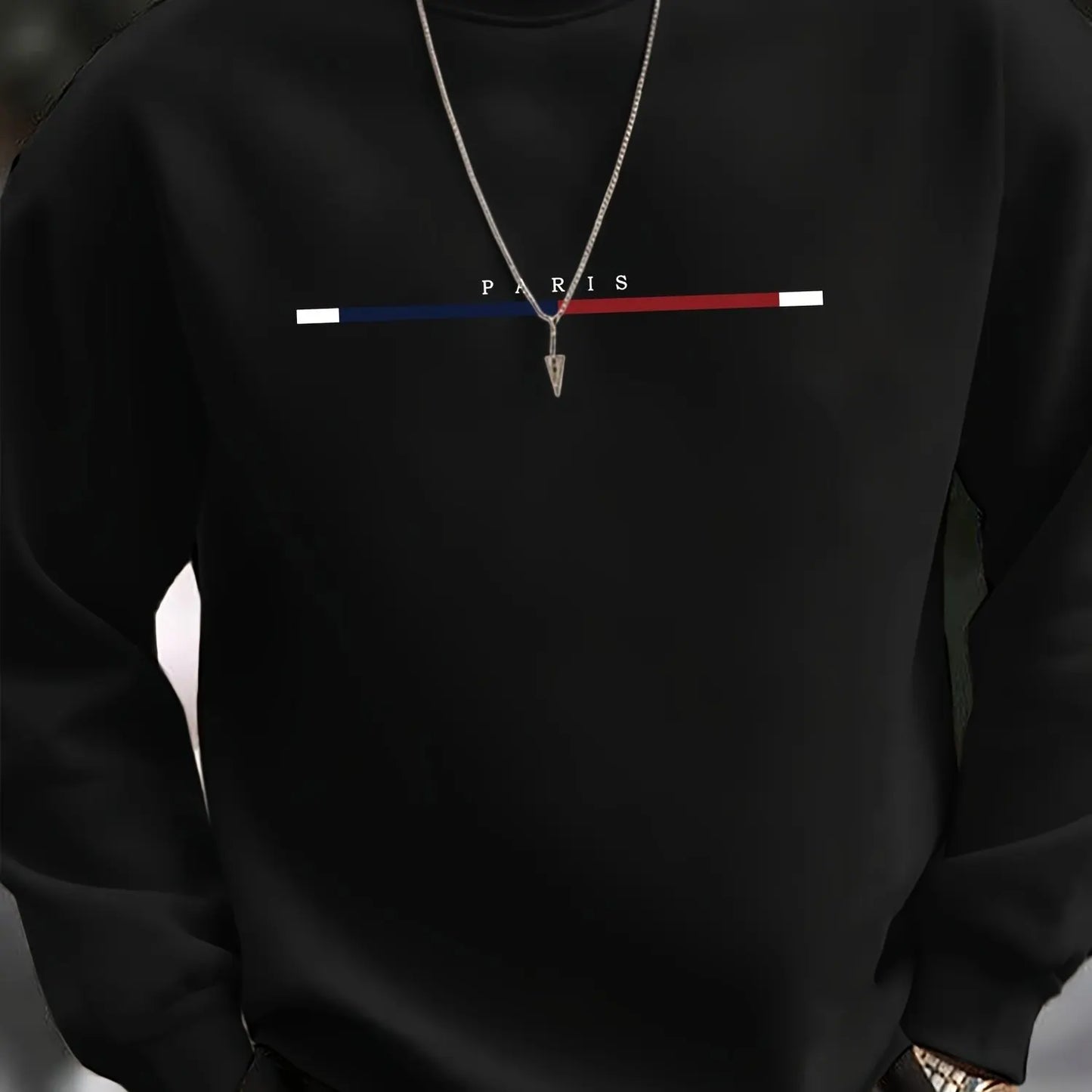 Men's autumn and winter casual sports loose oversized Paris print with fleece warm pullover round neck long sleeved sweatshirt