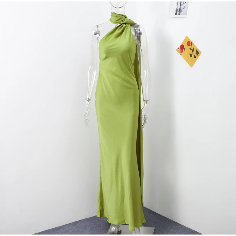 Ribbon Satin Long Party Dress Women Elegant Solid Sleeveless Female Backless Dresses 2026 Summer Autumn Lady Evening Club Gowns