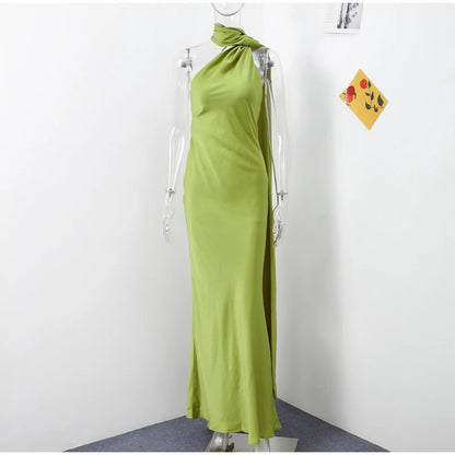 Ribbon Satin Long Party Dress Women Elegant Solid Sleeveless Female Backless Dresses 2026 Summer Autumn Lady Evening Club Gowns