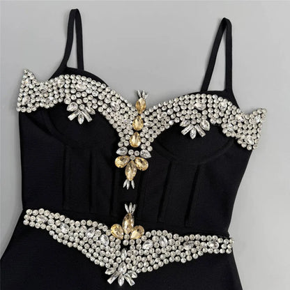 2025 Summer New Women Bandage Dress Sexy Spaghetti Strap Beading Clothes Club Party Maxi Dresses