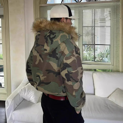 PFHQ Hooded Collar Camouflage Men's Cotton Jacket American Style Reversible Thickened Faux Rabbit Fur Coats Winter New 21P1794