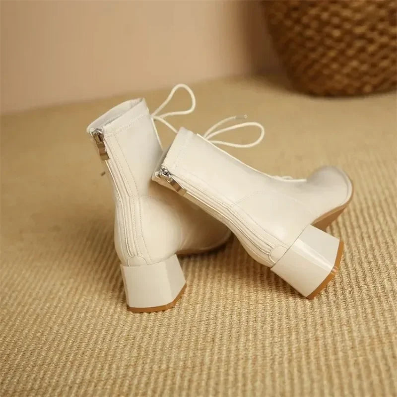 Winter High Heel Women's Ankle Boots  Fashion Lace Up Short Boots Women's Thick High Heel Side Zipper Botas De Mujer 2024