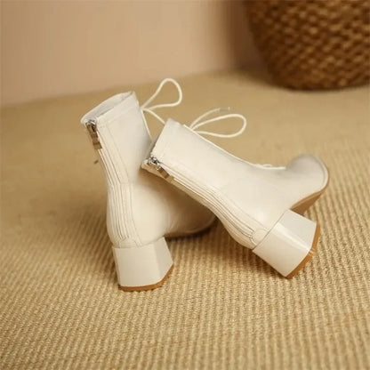 Winter High Heel Women's Ankle Boots  Fashion Lace Up Short Boots Women's Thick High Heel Side Zipper Botas De Mujer 2024