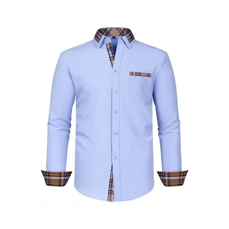 Popular men's color blocked casual long sleeved formal shirt men's slim fit checkered shirt