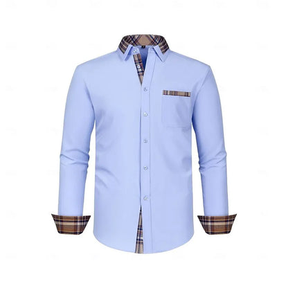 Popular men's color blocked casual long sleeved formal shirt men's slim fit checkered shirt
