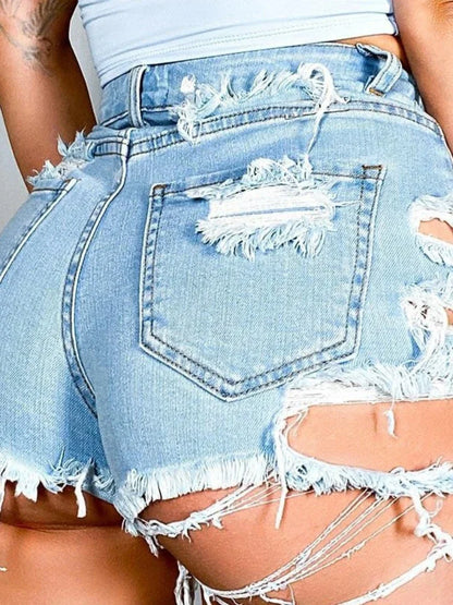 Hole Ripped Shorts Jeans Washed Distressed Denim High Waist Spliced Straight Loose Fit Pockets 2025 Vintage Casual Basics