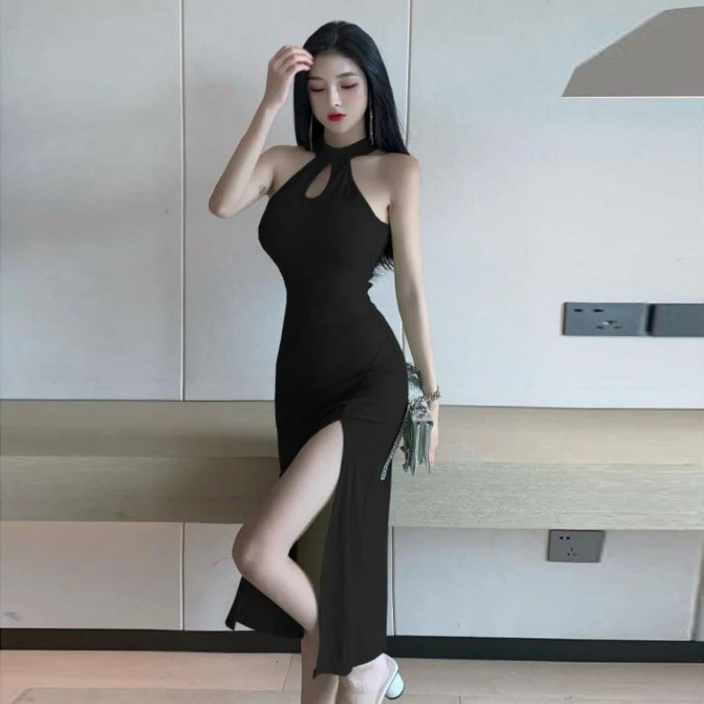 Vintage French Dress for Women Sleeveless Halter High Waist Slit Long Dresses Summer New Chic Temperament Vestidos