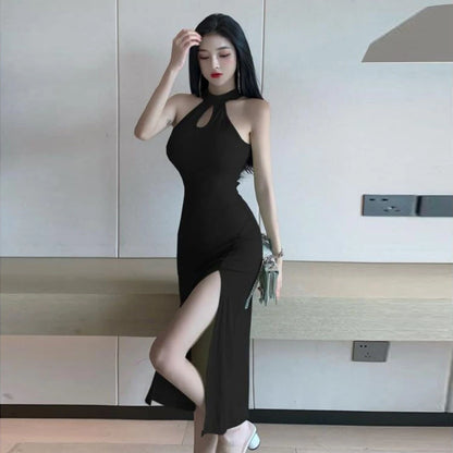 Vintage French Dress for Women Sleeveless Halter High Waist Slit Long Dresses Summer New Chic Temperament Vestidos