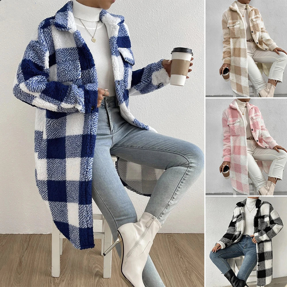 Cardigan 2023 Autumn Long Sleeved Turn-down Collar Plush Plaid Coat Loose Temperament Commuter Longline Jacket Women Outerwear