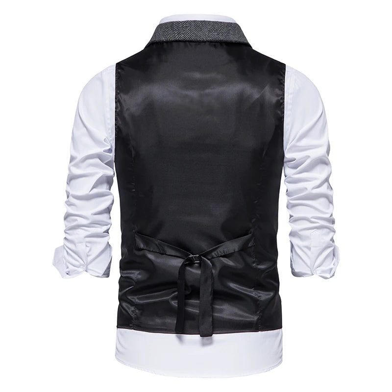 New Men's Retro Lapel Vest Herringbone Coarse Tweed Pockets Suit Vest British Casual Vintage Gentleman Leisure Party Bar Banquet